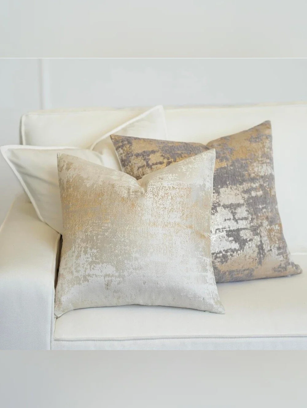 Luxurious Designer Champagne Cream Upholstered Metallic Bed Pillow Covers (3)